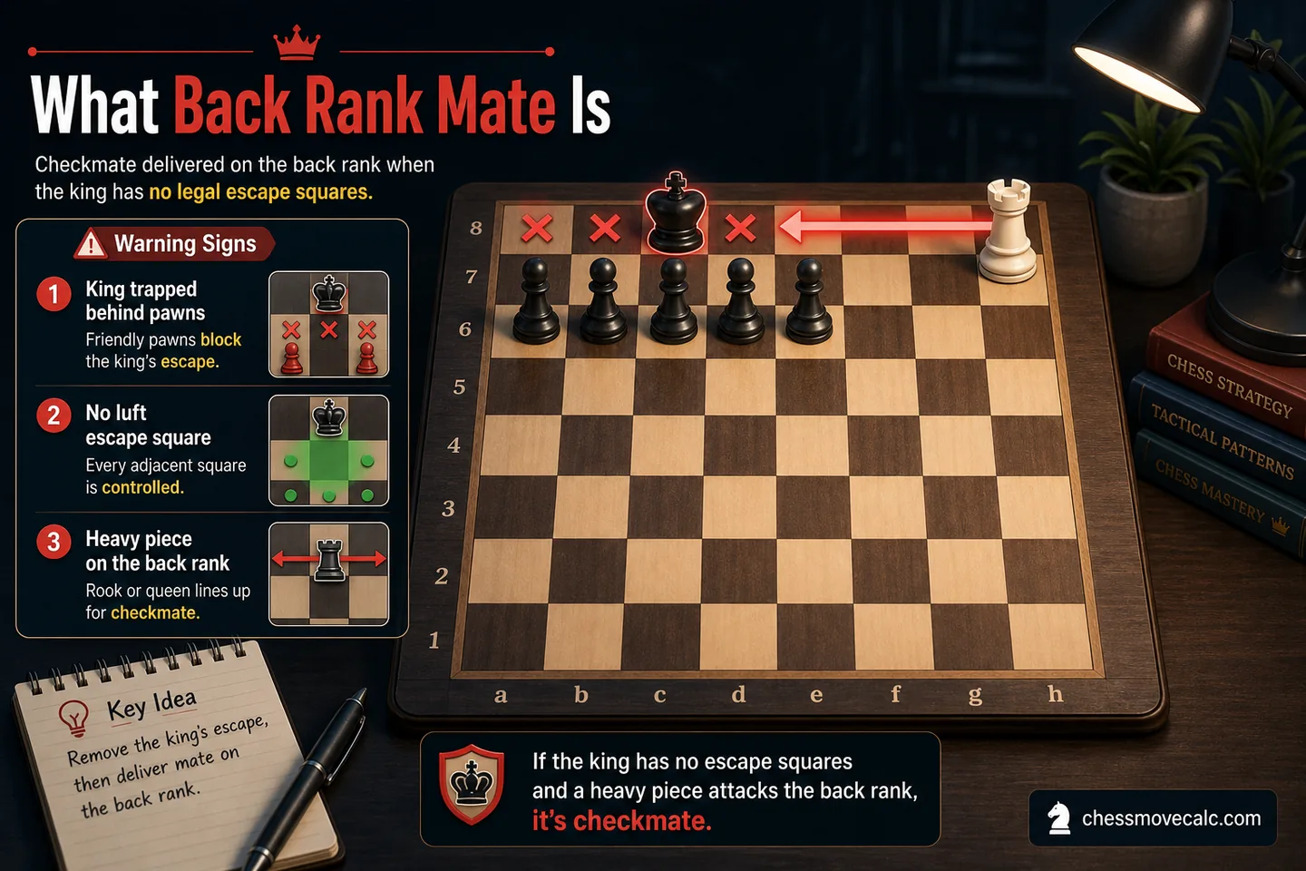 Warning graphic showing blocked pawns, missing luft, and heavy-piece alignment