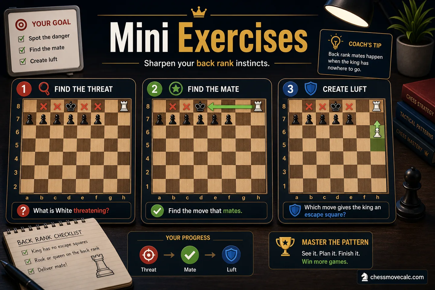 Practice graphic showing mini positions with find-the-threat and find-the-mate prompts