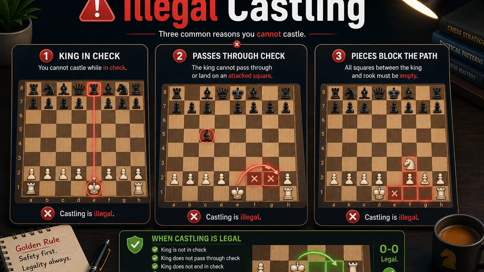 Comparison graphic showing legal and illegal castling examples on mini boards