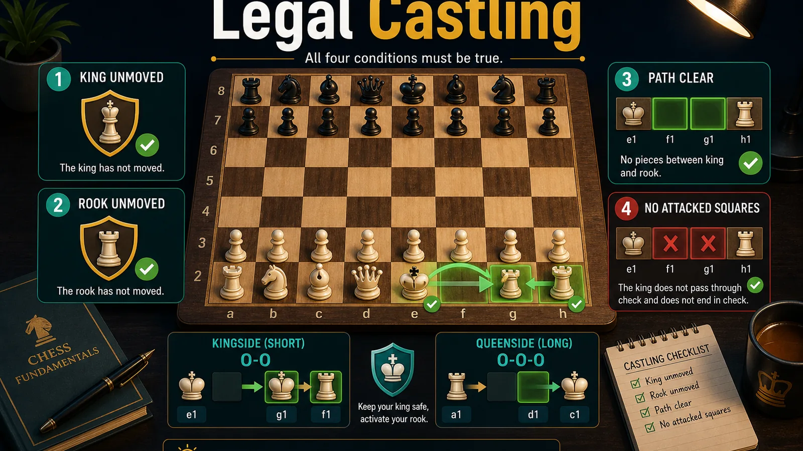 Checklist graphic showing all conditions required for legal castling