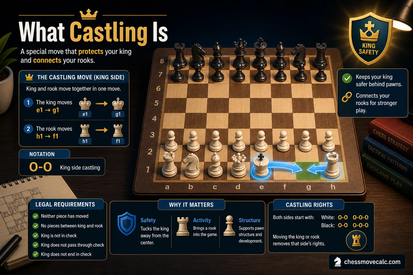 Before-and-after castling graphic with king safety and rook activation callouts
