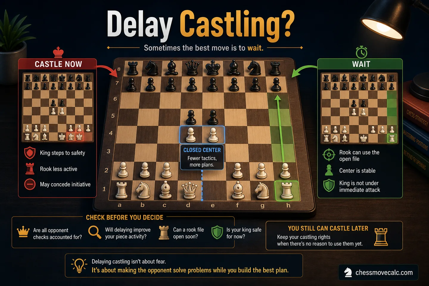 Nuanced graphic showing situations where castling can reasonably be delayed