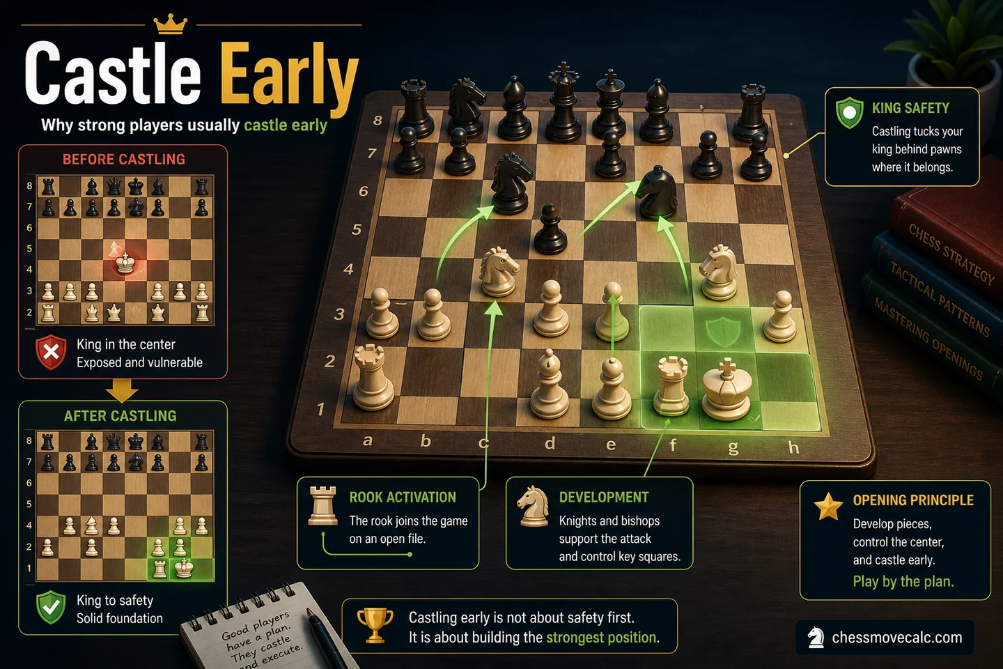 Strategic image comparing an exposed uncastled king with a safer castled setup