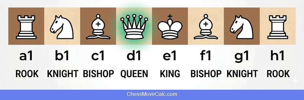 Chess back rank setup order showing rook knight bishop queen king bishop knight rook