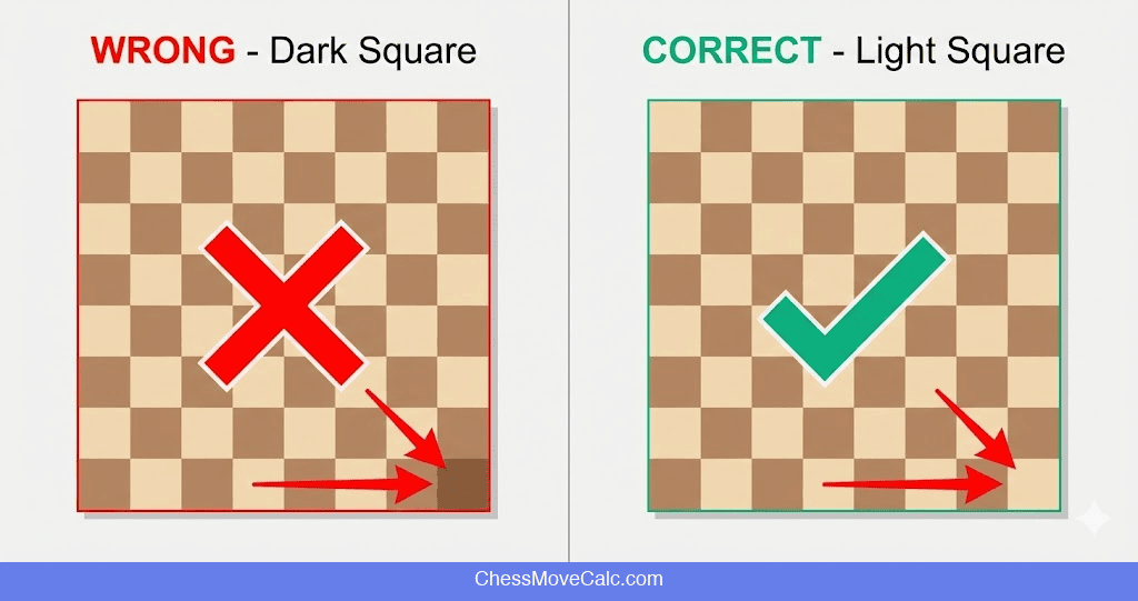 Chess board orientation comparison showing wrong dark corner versus correct light corner