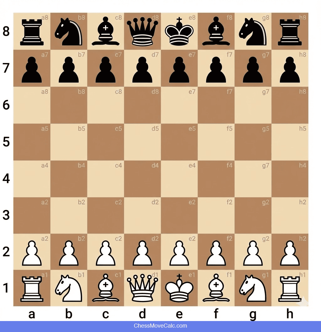 Chess board with algebraic notation coordinates showing files a-h and ranks 1-8