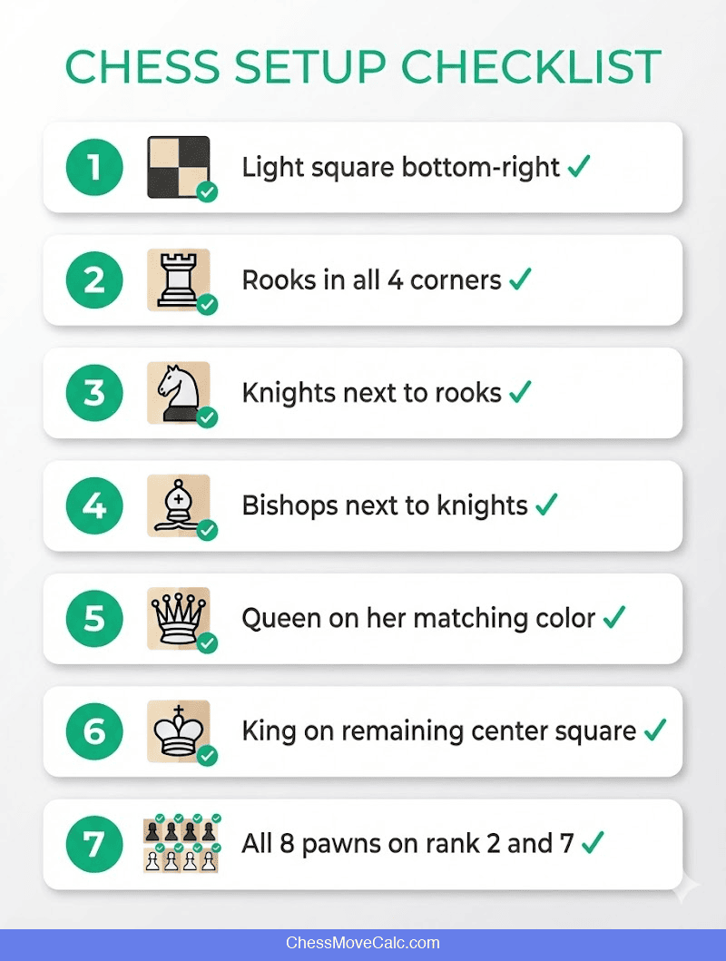 Visual checklist for chess board setup with 7 steps