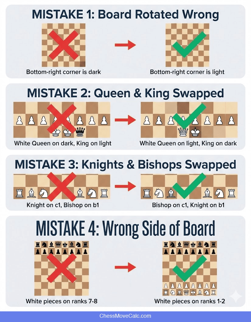 Infographic showing 4 common chess board setup mistakes and how to fix them