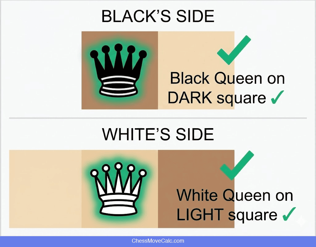 Queen placement rule diagram showing white queen on light square and black queen on dark square