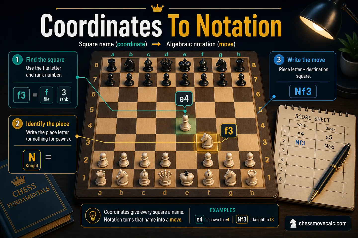 Educational image showing moves like e4 Nf3 and Bb5 connected to highlighted squares