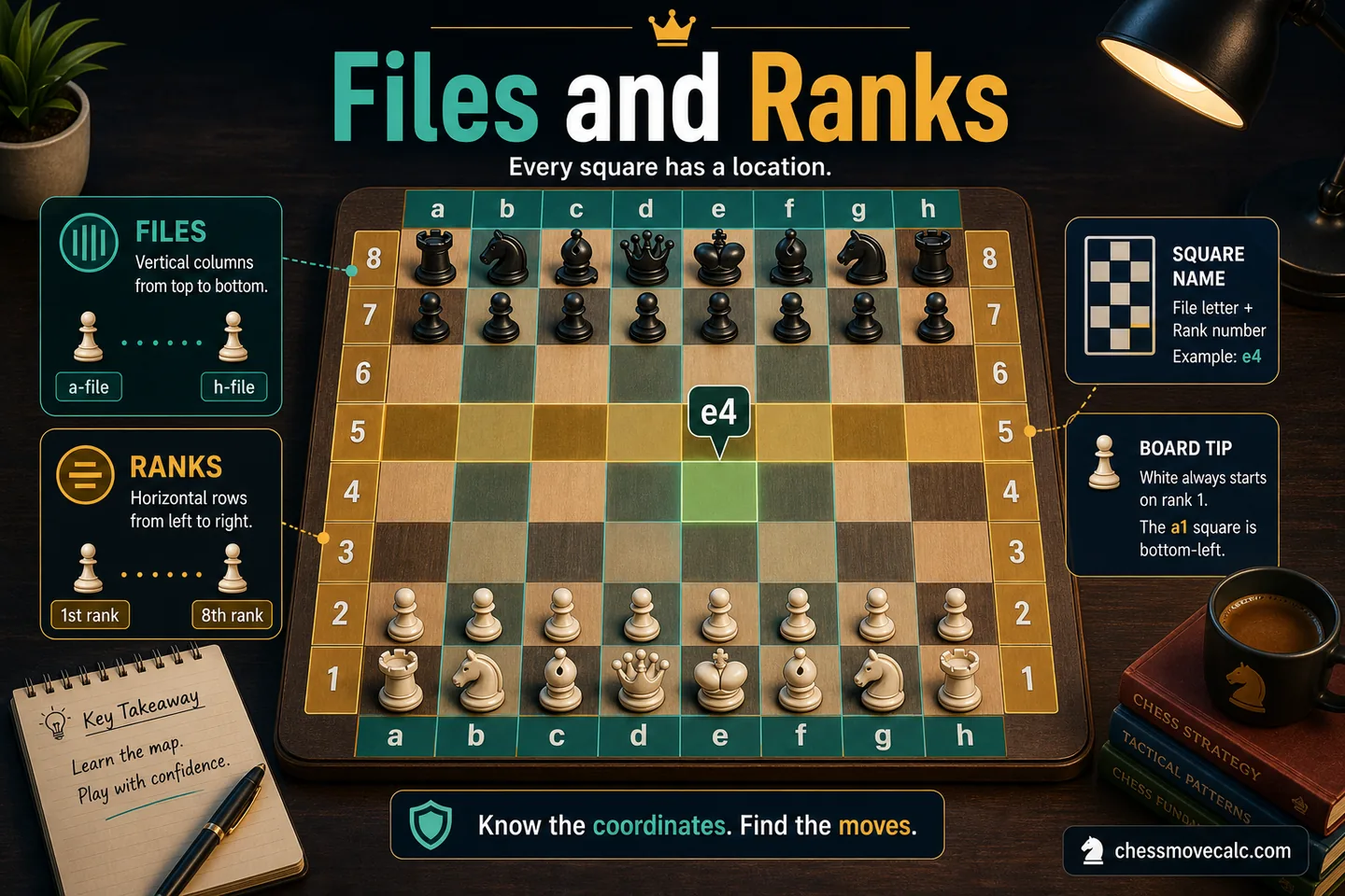 Simple infographic showing file and rank directions on a board