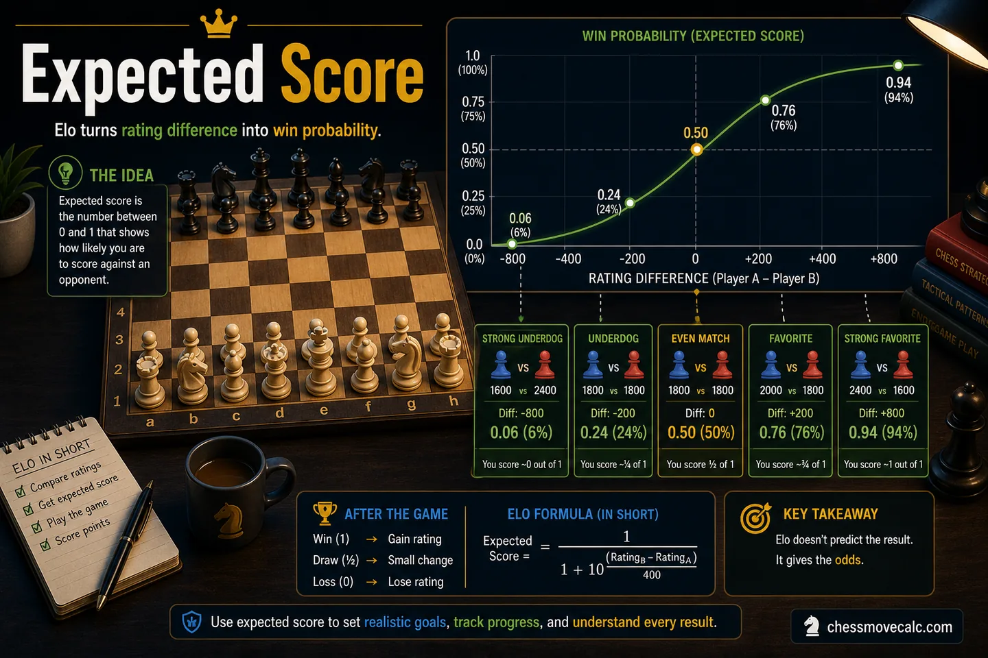 Visual math guide showing stronger and weaker players with expected score percentages