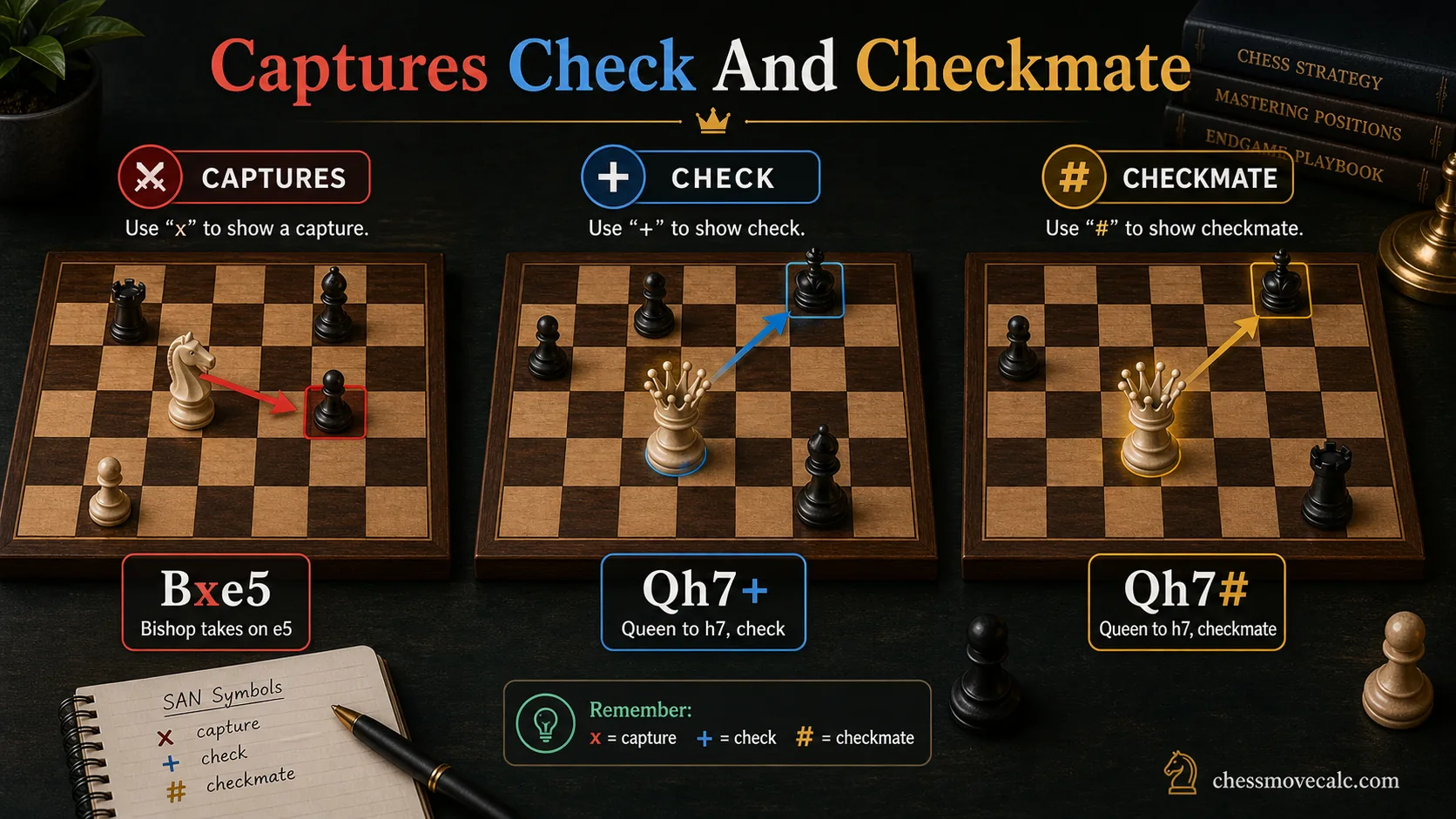Infographic showing how captures checks and checkmate are written in chess notation