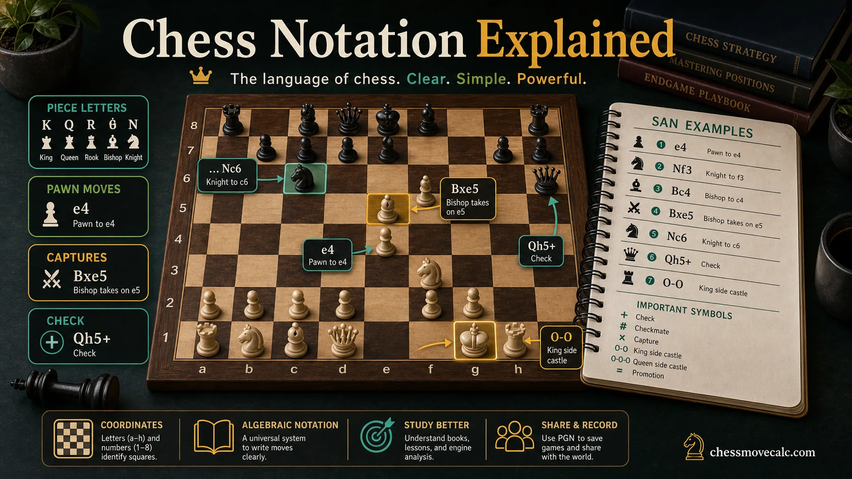 Infographic introducing algebraic chess notation with sample moves and labeled board elements