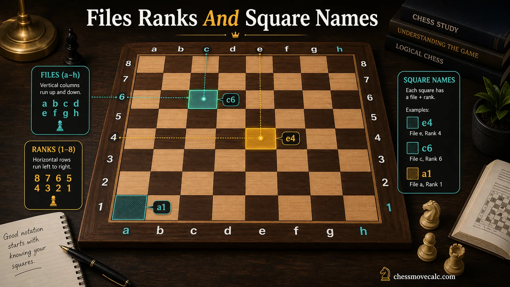 Labeled chessboard infographic showing files ranks and square names