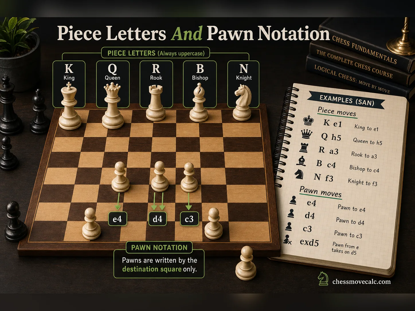 Infographic showing chess piece letters and how pawn notation works