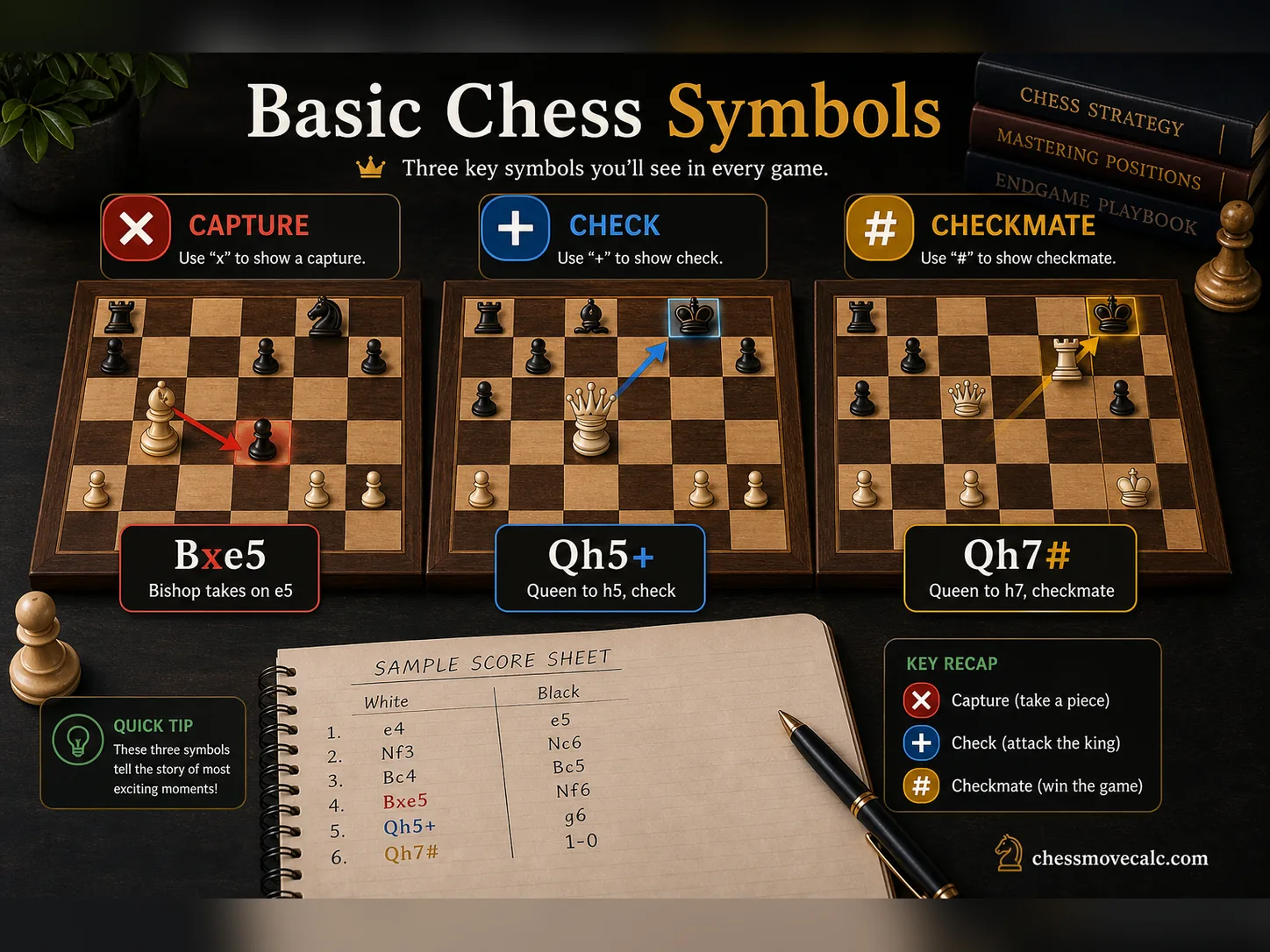 Infographic showing basic chess notation symbols x plus and checkmate hash