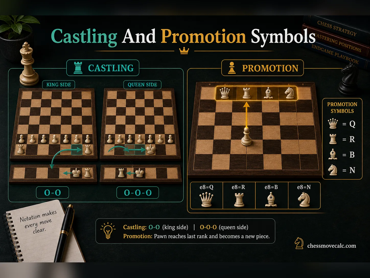 Infographic showing castling and promotion symbols in chess notation