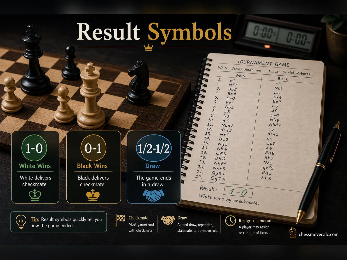 Infographic showing chess result symbols like 1-0 0-1 and 1/2-1/2
