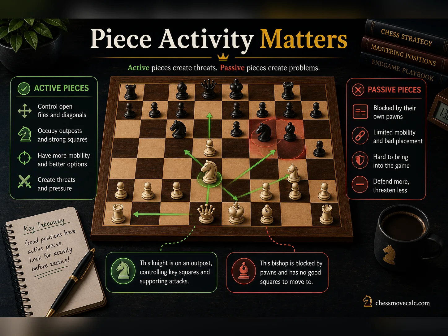 Infographic comparing active and passive pieces in chess position analysis