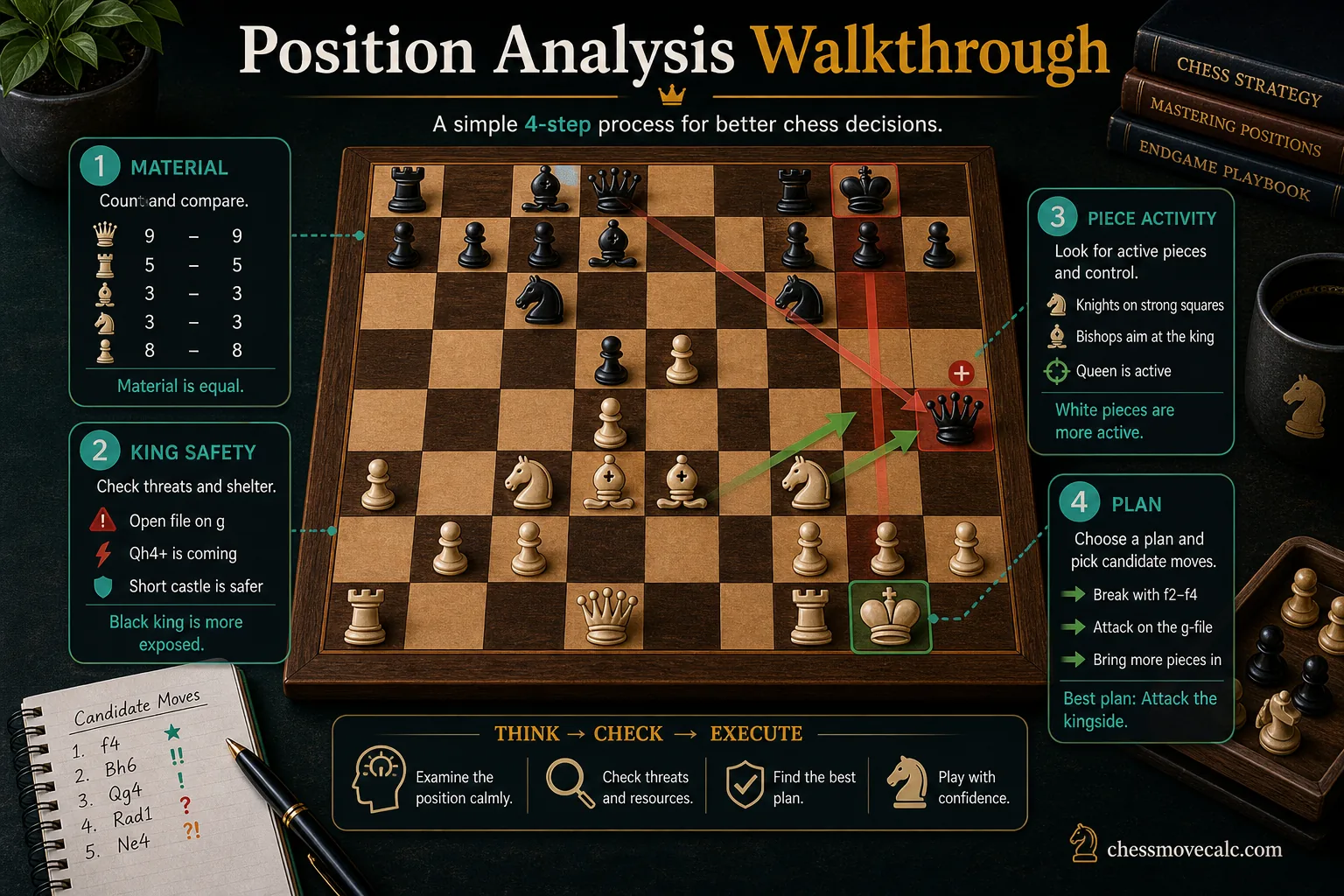 Detailed walkthrough infographic of a beginner chess position analysis