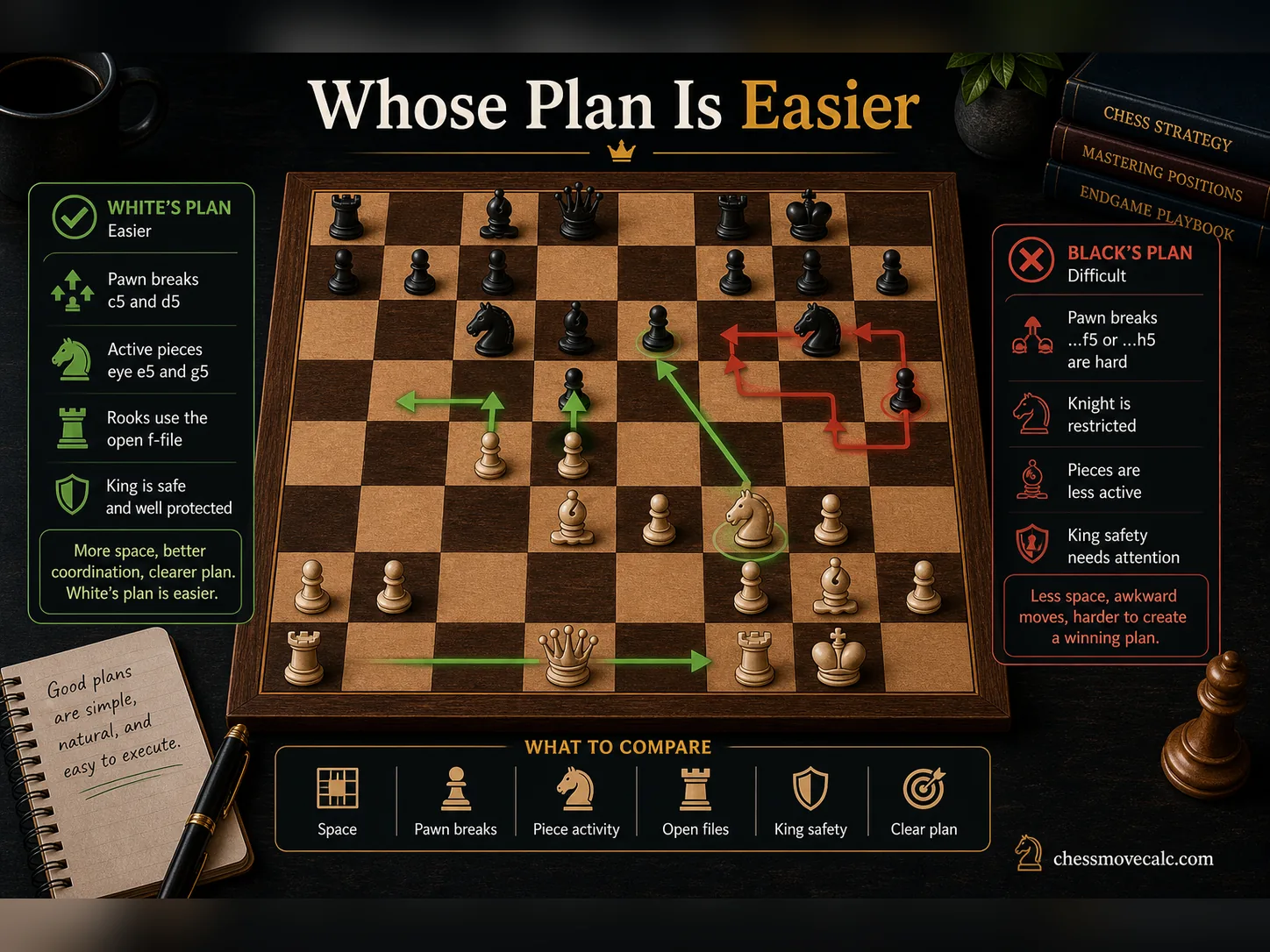 Infographic comparing which side has the easier plan in a chess position