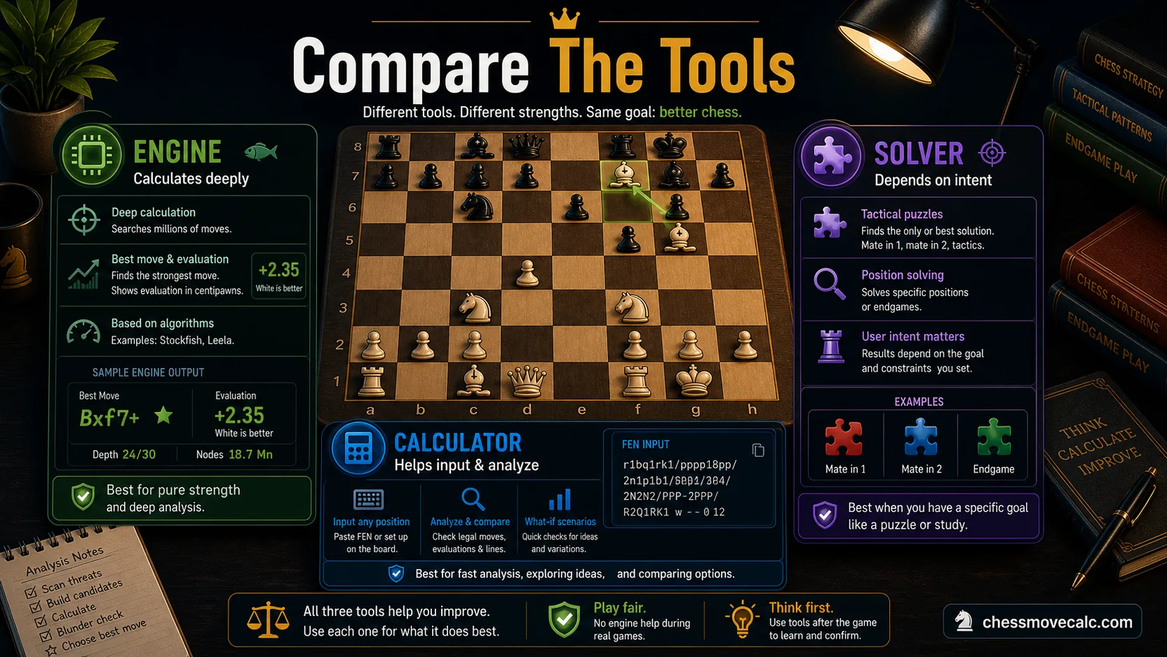 Side by side infographic comparing the inputs and outputs of a chess engine, calculator, and solver