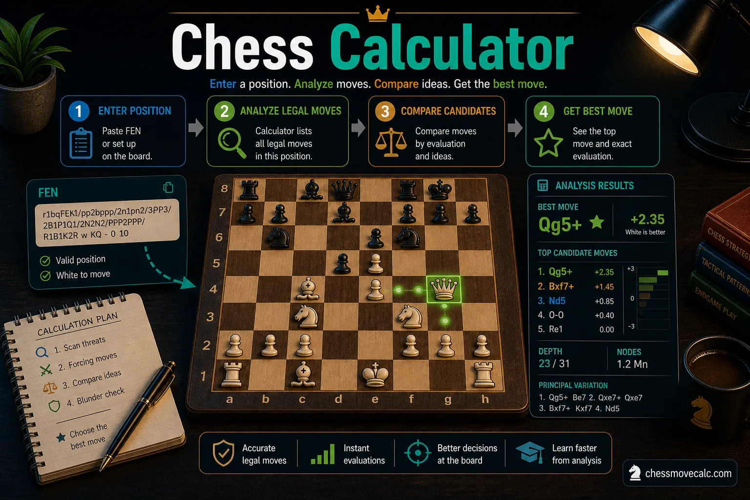 Infographic showing the interface elements of a chess calculator with board input and engine output