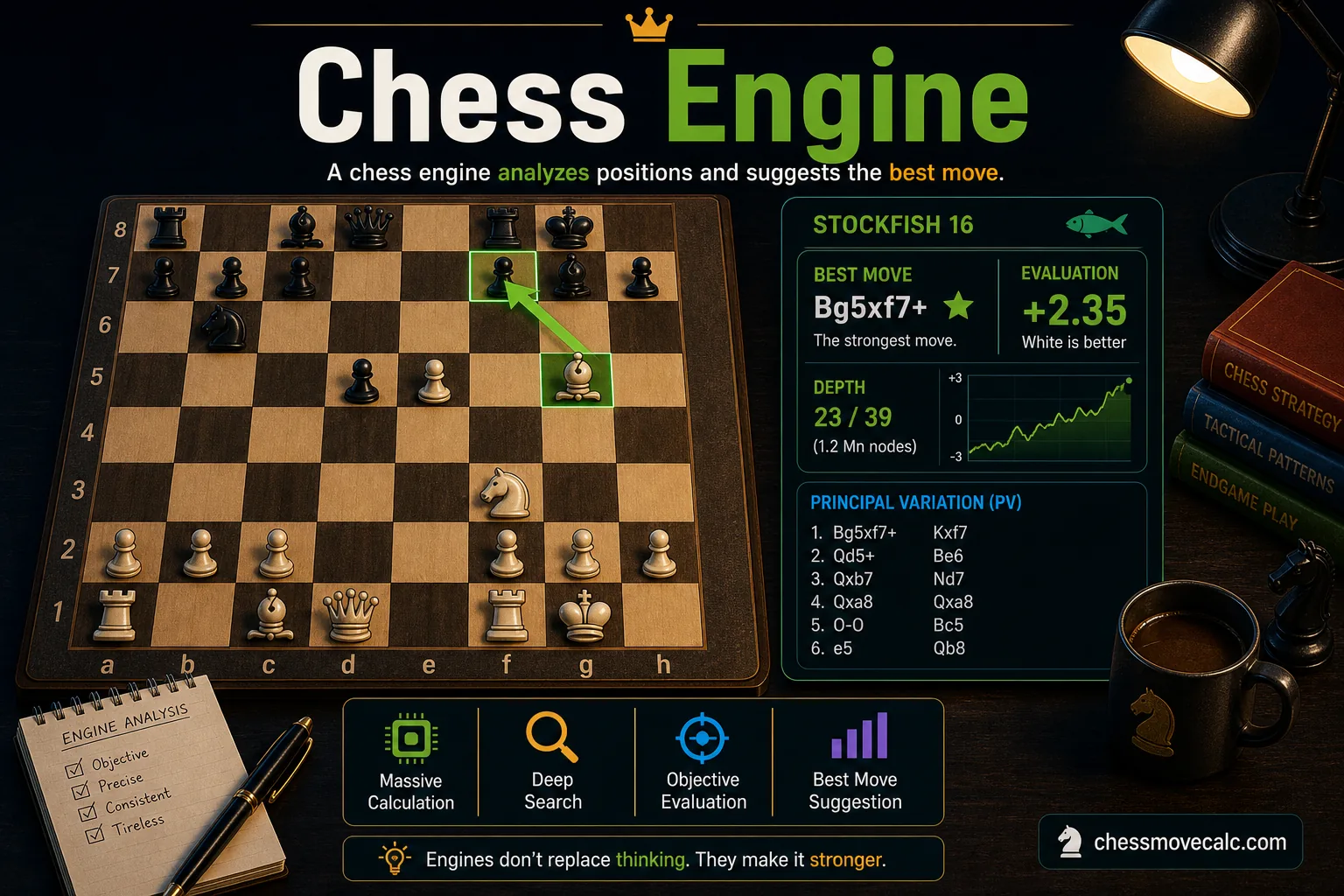 Infographic explaining what a chess engine is and how it evaluates positions