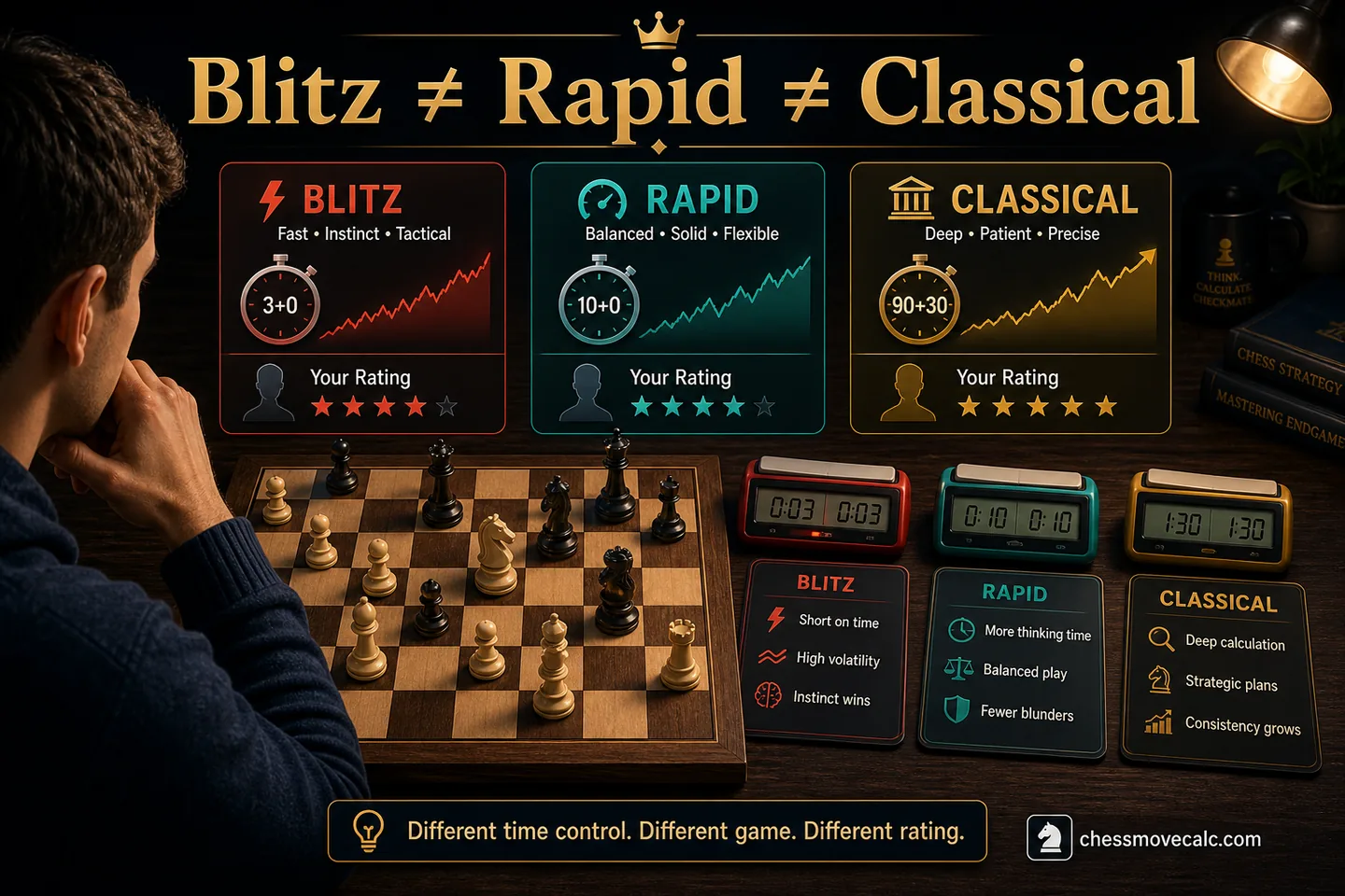 Comparison graphic showing the same player with different blitz rapid and classical profiles