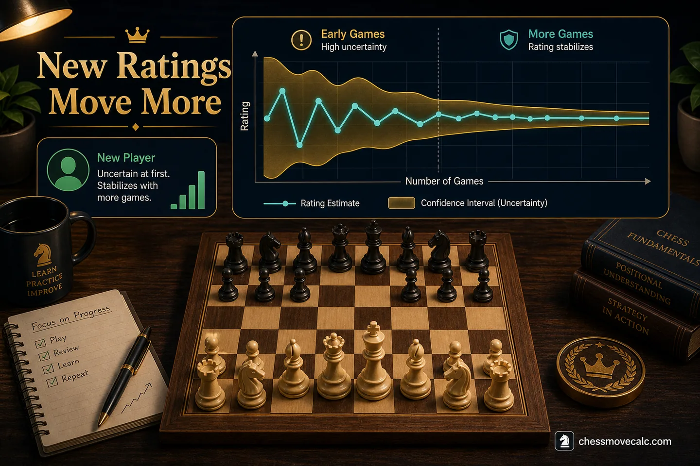 Practical graphic showing provisional movement and wider rating swings for newer players