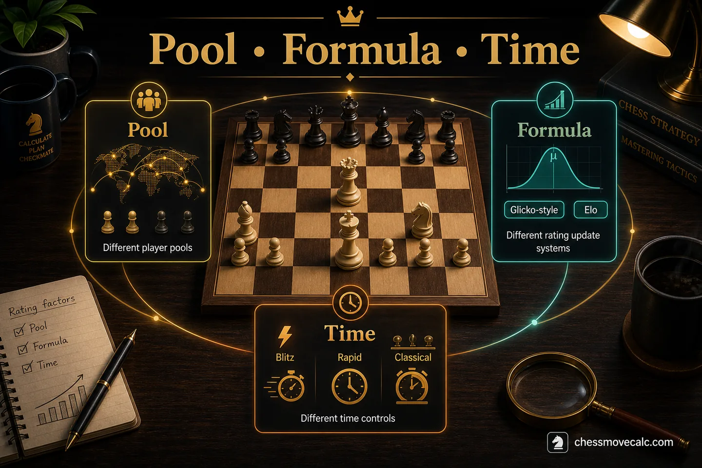 Educational graphic showing system design, player pool, and update style as separate causes