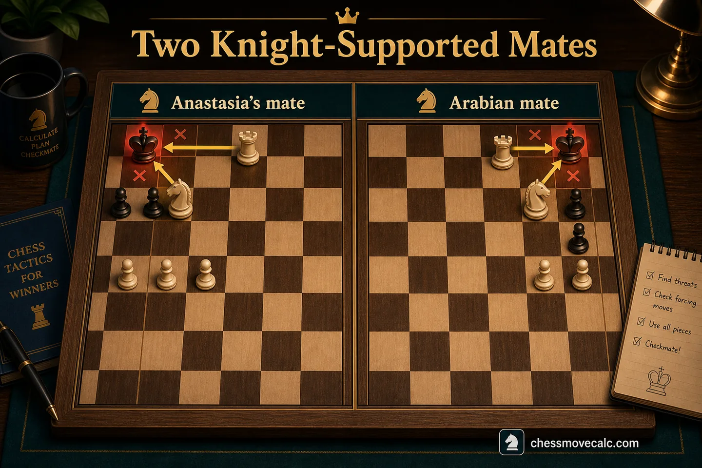 Two-pattern graphic showing classic coordinated mating motifs with knight support