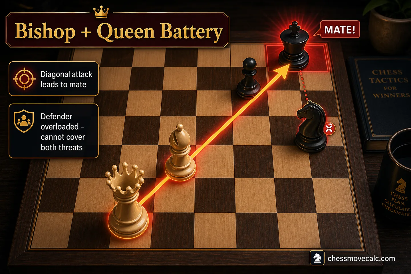 Tactical graphic showing a diagonal battery converging on key mating squares