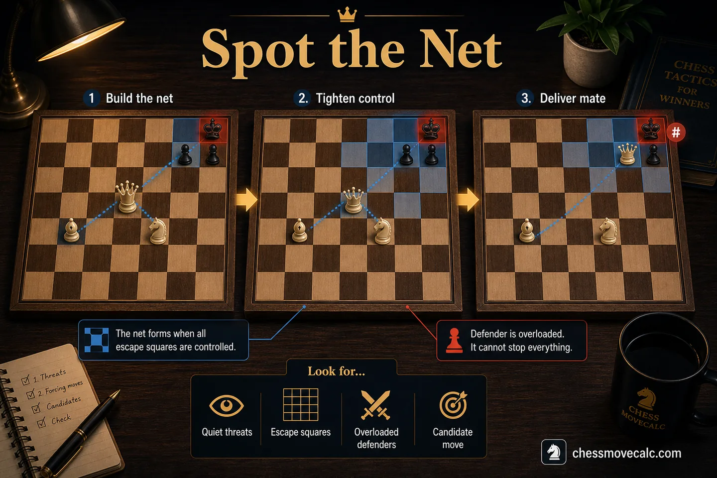 Recognition graphic showing trapped king, overloaded defenders, and escape-square control