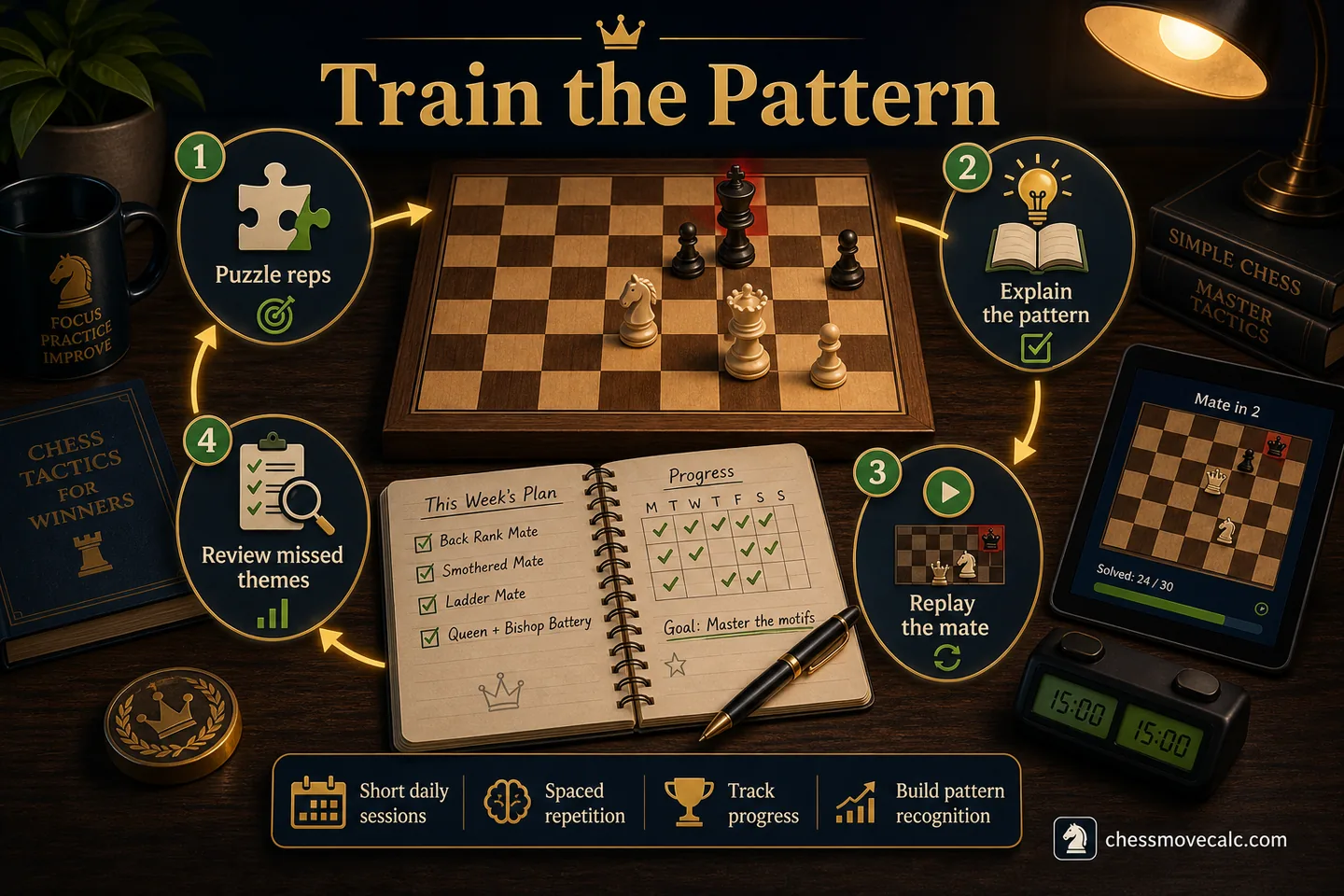 Study-plan graphic showing a weekly loop of puzzle reps, review, and practical games