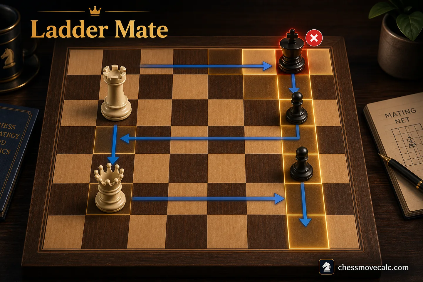 Mini-pattern graphic showing heavy pieces driving the king to the edge