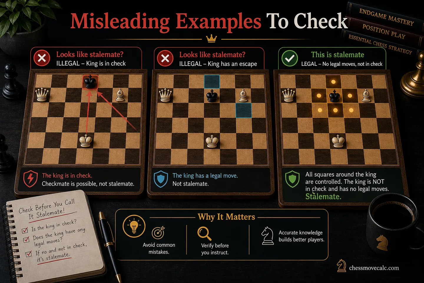 Red-green comparison graphic showing one true stalemate and common fake examples