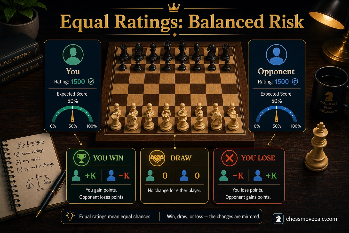 Example card showing equal-rated players and rating changes for win draw loss