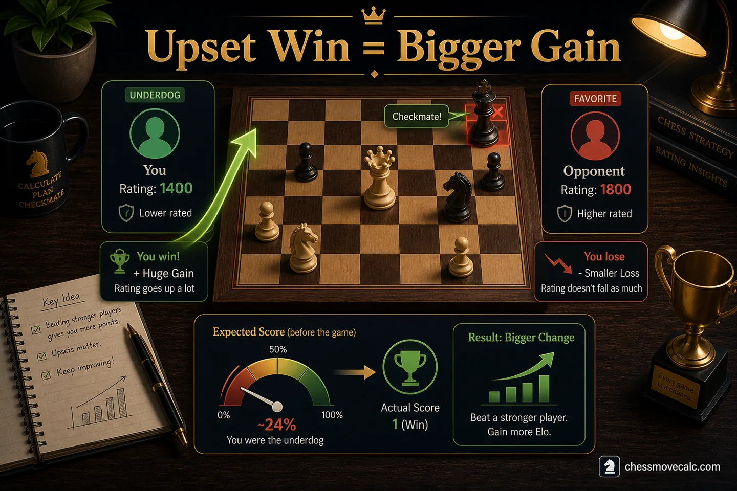 Example card showing a lower-rated player gaining more for an upset win
