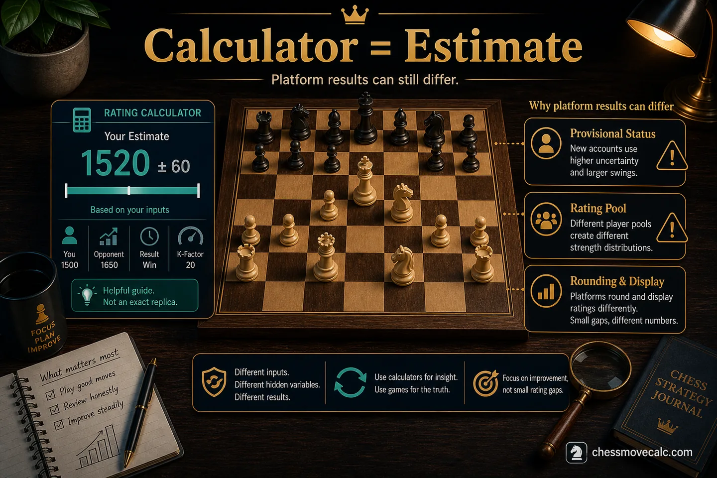 Caution graphic explaining why calculators estimate rather than guarantee platform output