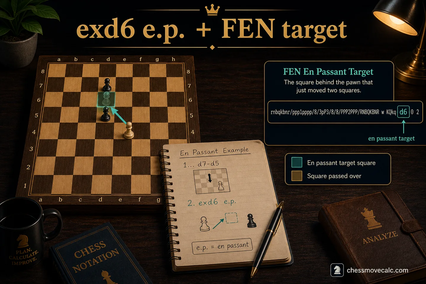 Rules-and-format image showing en passant notation and the FEN target-square field