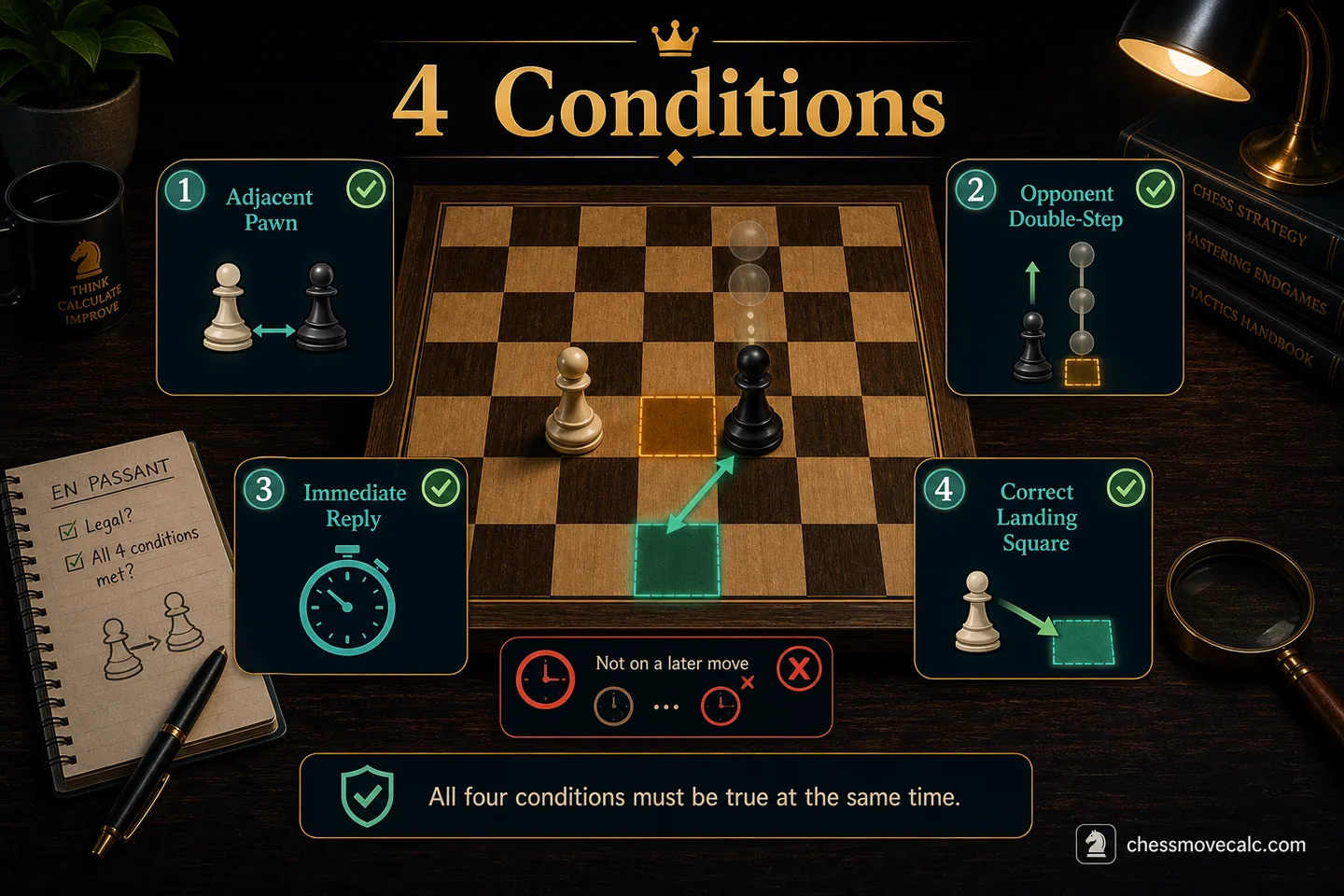 Checklist image showing adjacent pawn, double-step move, immediate reply, and correct capture square