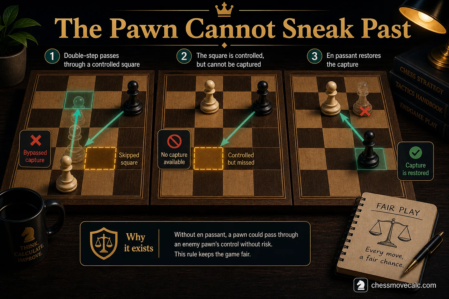 Educational image showing how the double-step pawn move would otherwise bypass control unfairly
