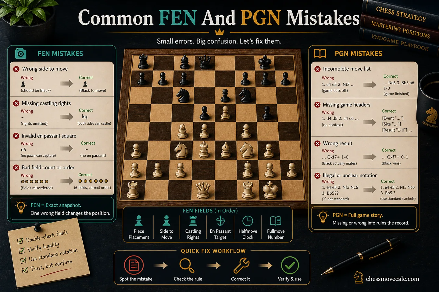 Troubleshooting graphic for common FEN and PGN mistakes