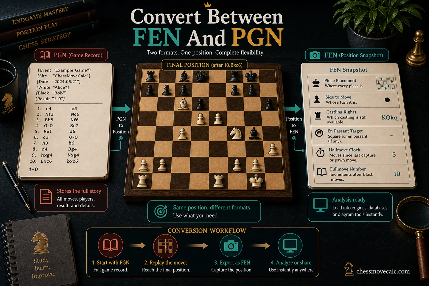 Workflow diagram showing a PGN producing a board snapshot and a FEN loading into a visual board