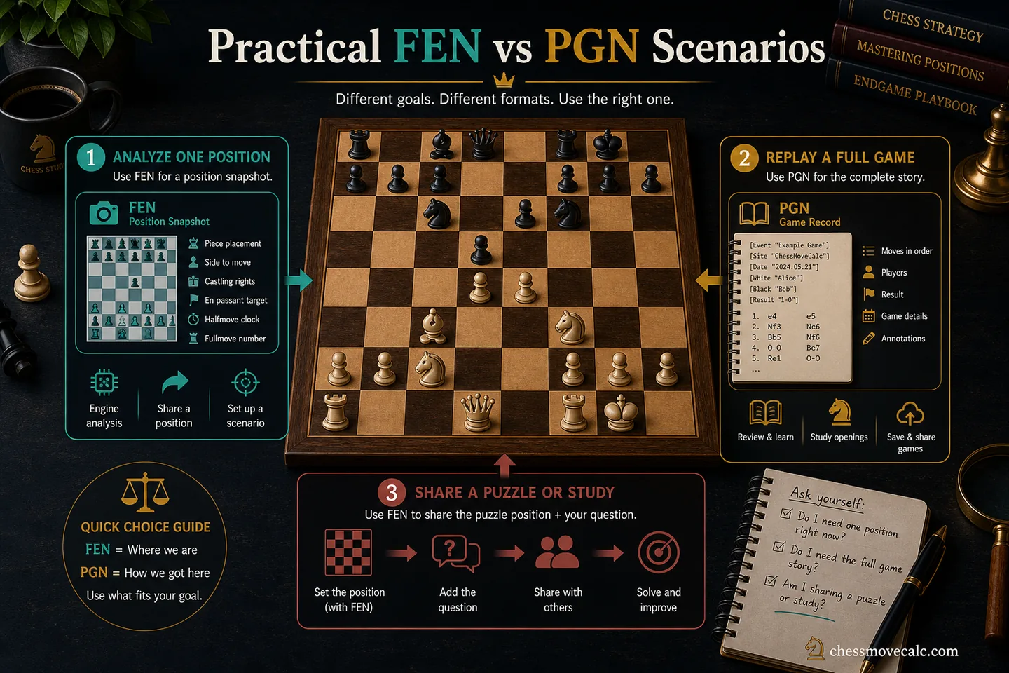 Practical FEN vs PGN scenarios that make the difference obvious