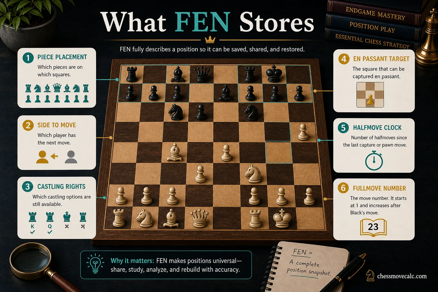 Simple infographic showing the six fields inside a FEN string