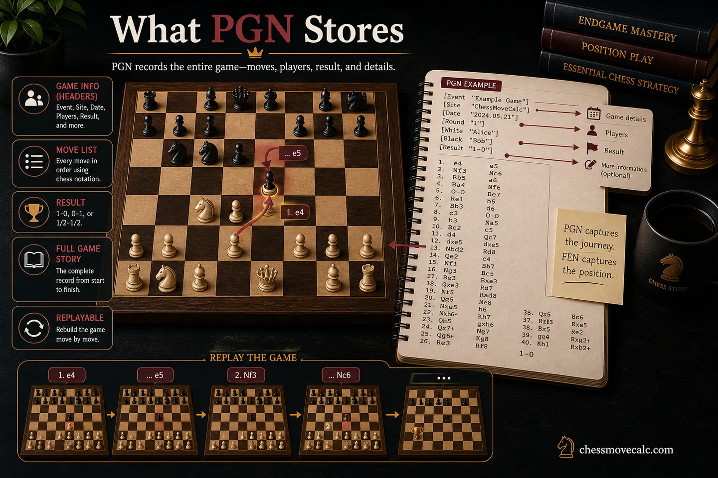 Simple infographic showing PGN headers, moves, comments, and result