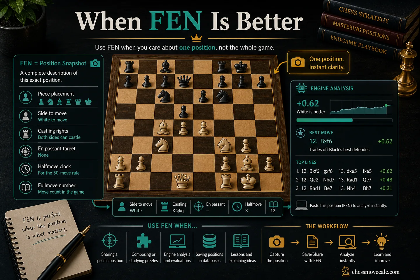 Workflow graphic showing FEN used for one-position engine checks and puzzle sharing
